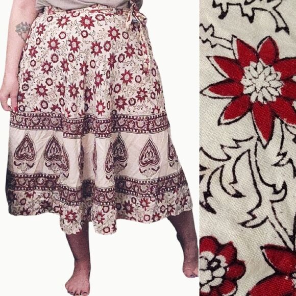 VTG India Cotton Off White Red Floral Block Print Midi Wrap Skirt *XS- Med - Picture 1 of 16